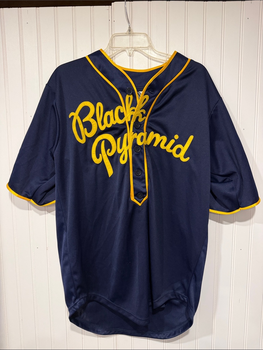 Black Pyramid Navy and Yellow Script Baseball Jersey